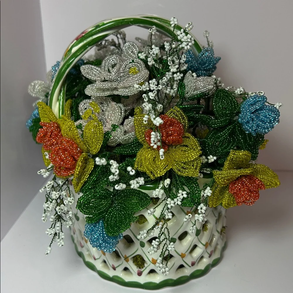 Handcrafted Floral Basket with Multicolor Beaded Flowers